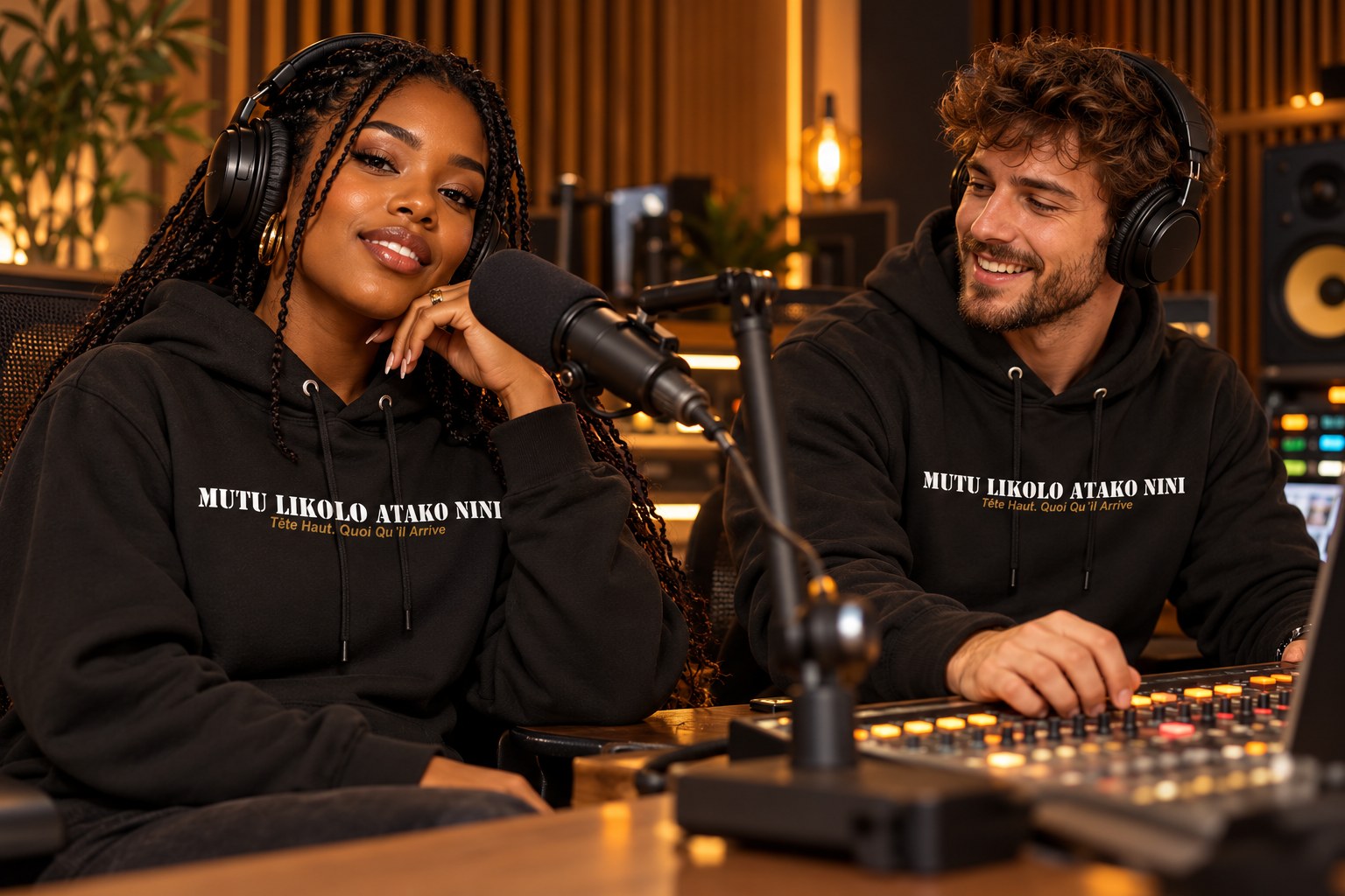 Scène de studio : modèles portant Hoodie Mutu Likolo
