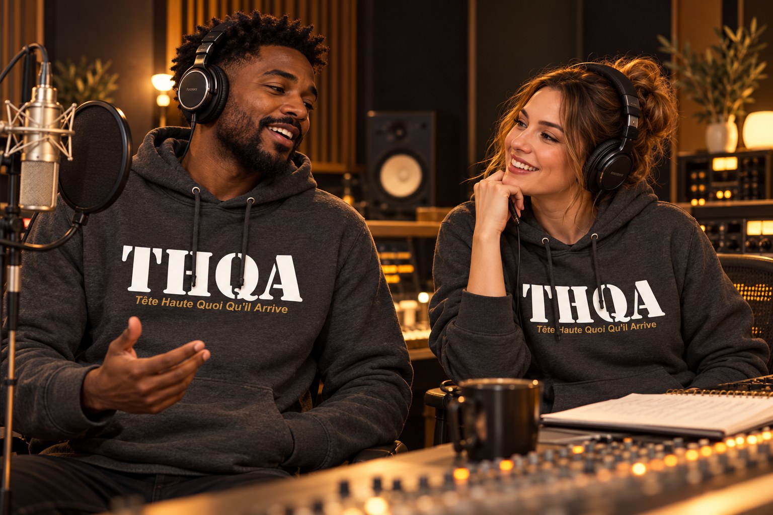 Deux modèles dans un studio portant le hoodie THQA charbon
